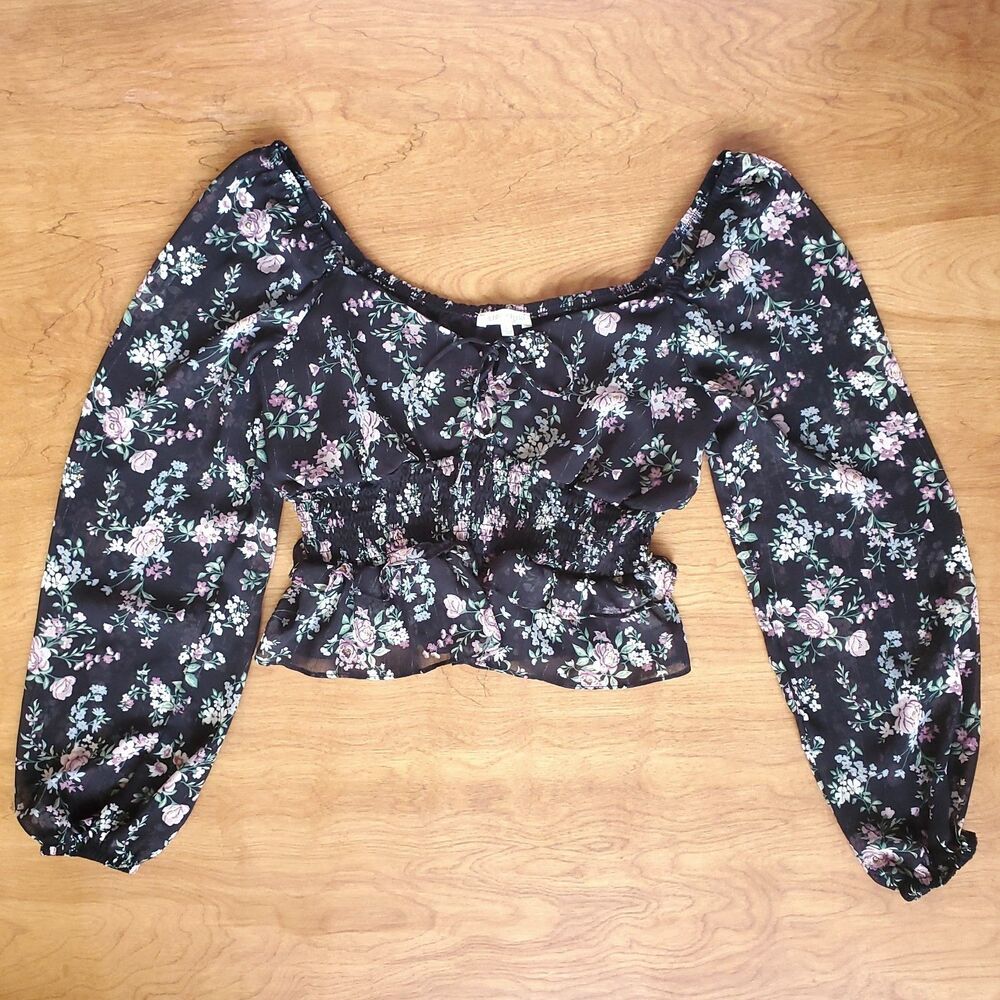Dark Floral Milkmaid Top Jrs L Long Sleeve Crop Black Smocked Peplum Ultra Flirt